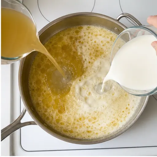 Step 2: Pouring broth and milk into the skillet