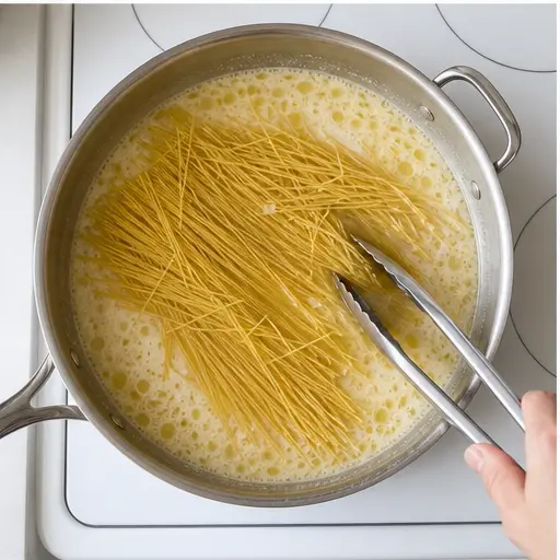Step 3: Adding angel hair pasta to the simmering liquid