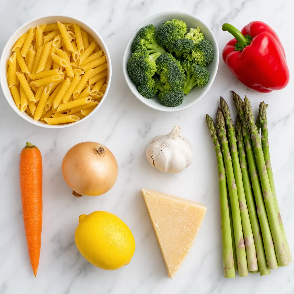 alfredo pasta primavera - main ingredients