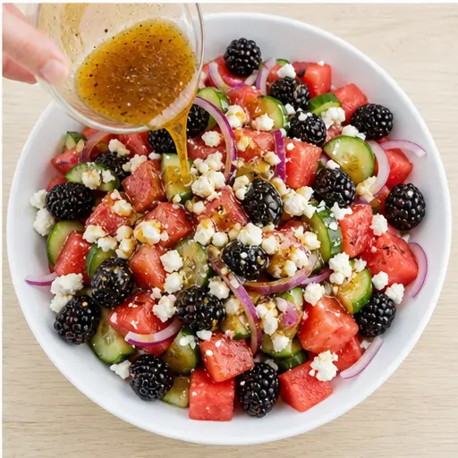 Step 4: Drizzling dressing over assembled salad