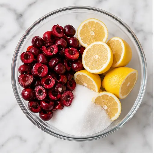 Step 1: Pitting cherries and halving lemons