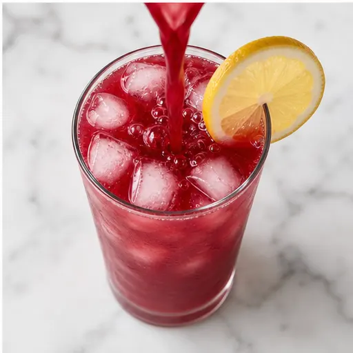 Step 4: Pouring cherry lemonade over ice with garnish