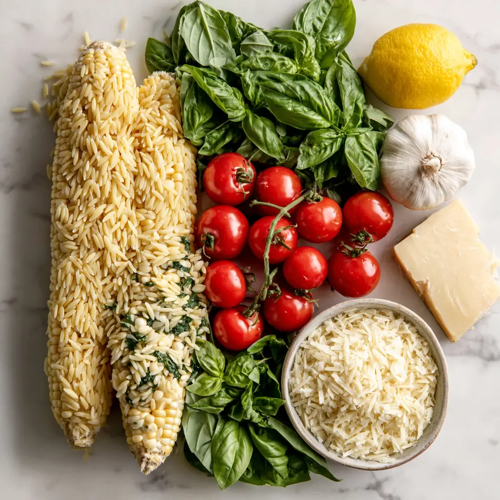 creamy corn tomato orzo - main ingredients