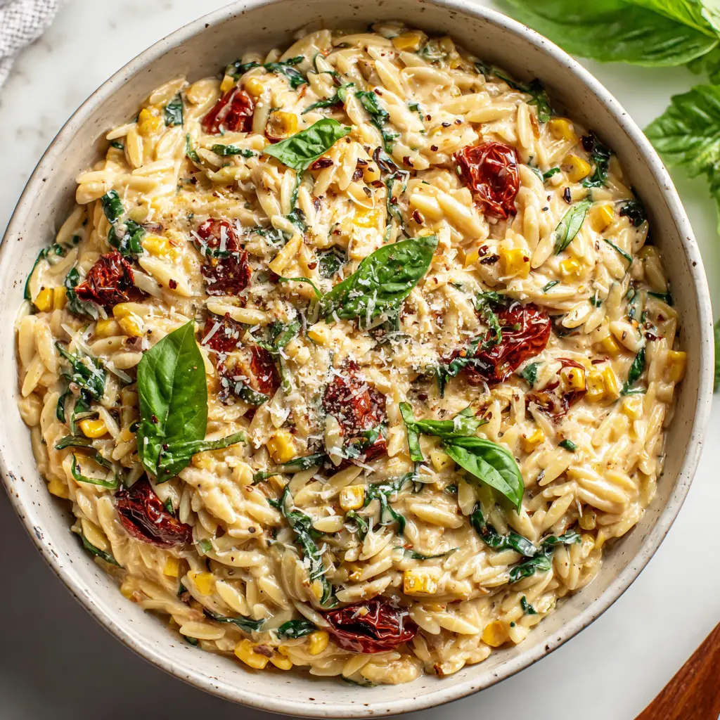 creamy corn tomato orzo - final presentation