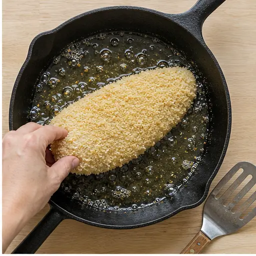 Step 2: Placing breaded cod in hot oil