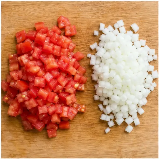 Step 1: Dicing tomatoes and chopping onion