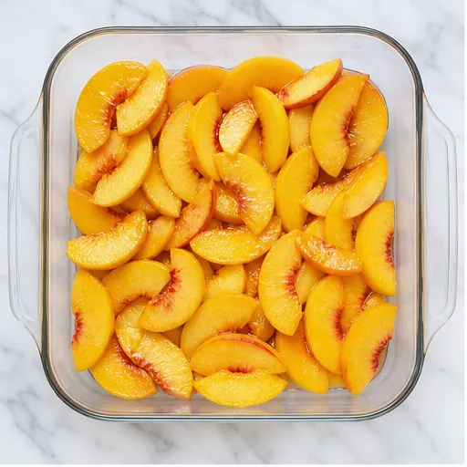 Step 1: Slicing and arranging fresh peaches in the baking dish
