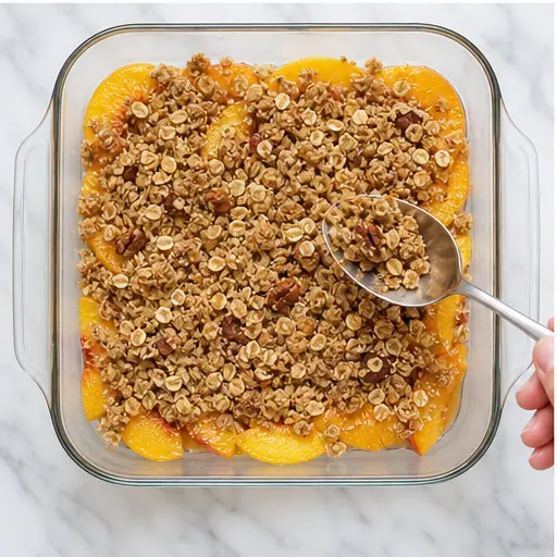 Step 3: Sprinkling the topping evenly over the peaches