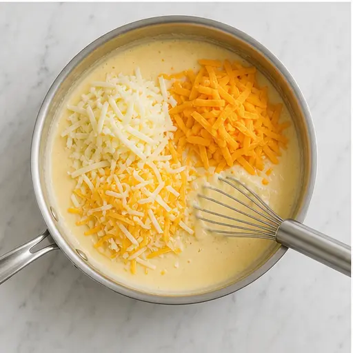Step 3: Melting the three-cheese blend into the sauce