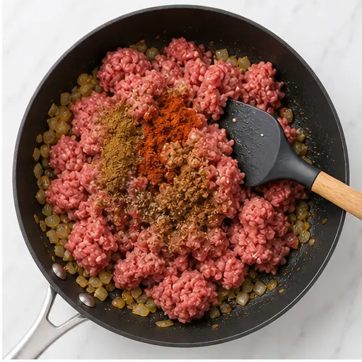 Step 2: Add ground beef and spices to the skillet