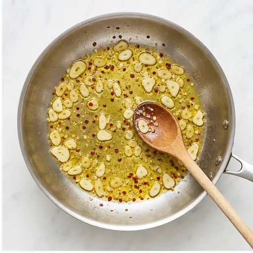 Step 2: Gently sizzling garlic and red pepper flakes in olive oil
