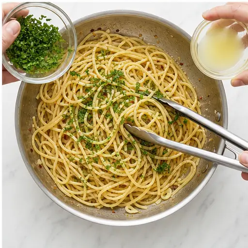 Step 4: Tossing spaghetti with sauce, parsley, and lemon