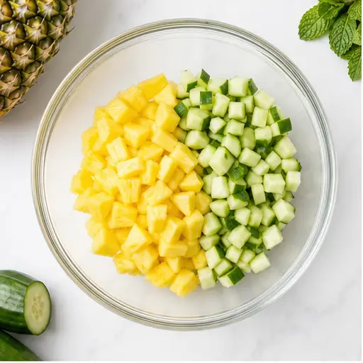 Step 1: Dicing fresh pineapple and cucumber