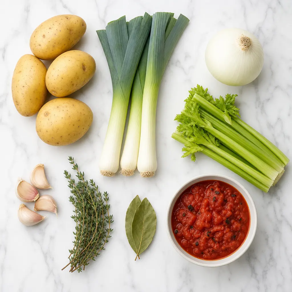 potato leek tomato soup - main ingredients