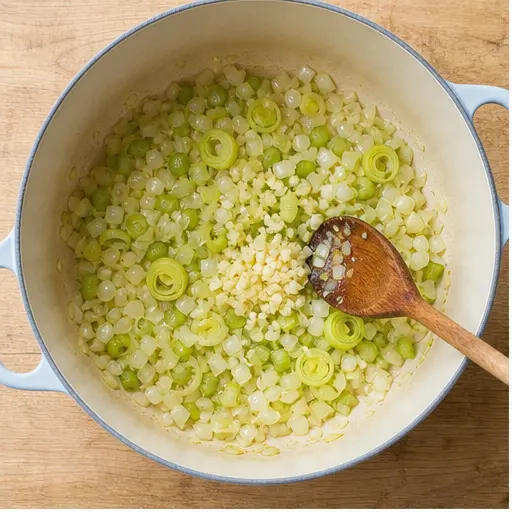 Step 1: Sweating the aromatics (onion, leeks, celery, garlic)