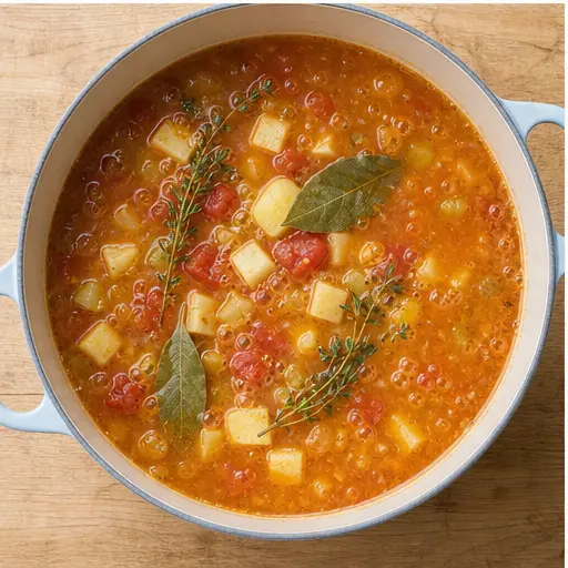 Step 3: Adding potatoes, tomatoes, and stock for simmering