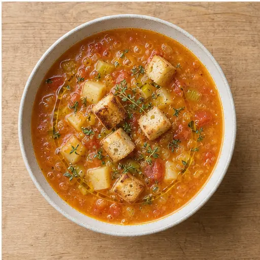 Step 4: Ladling the finished chunky soup into a bowl