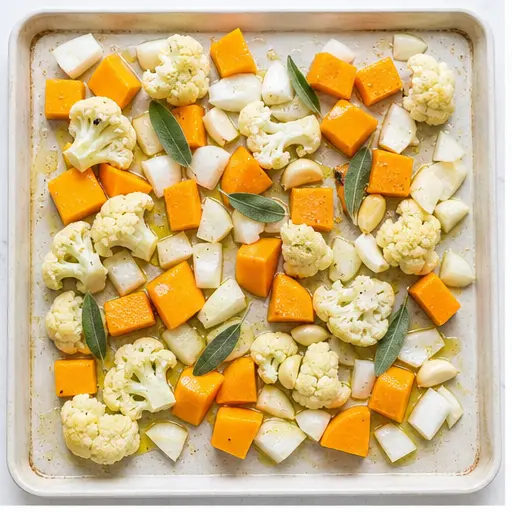 Step 1: Tossing raw vegetables with olive oil and sage