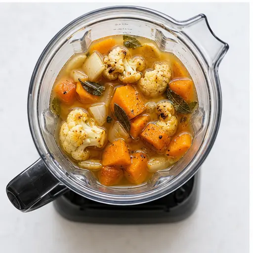 Step 3: Blending roasted vegetables with broth