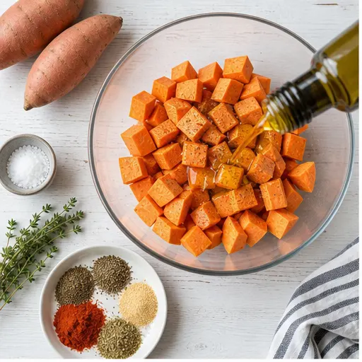 Step 1: Tossing sweet potato cubes with olive oil and spices