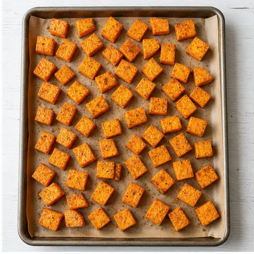 Step 2: Spreading seasoned cubes on a baking sheet