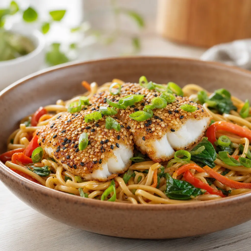 sesame crusted cod with ginger noodles - final presentation