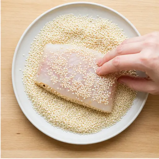 Step 2: Pressing cod into sesame seeds