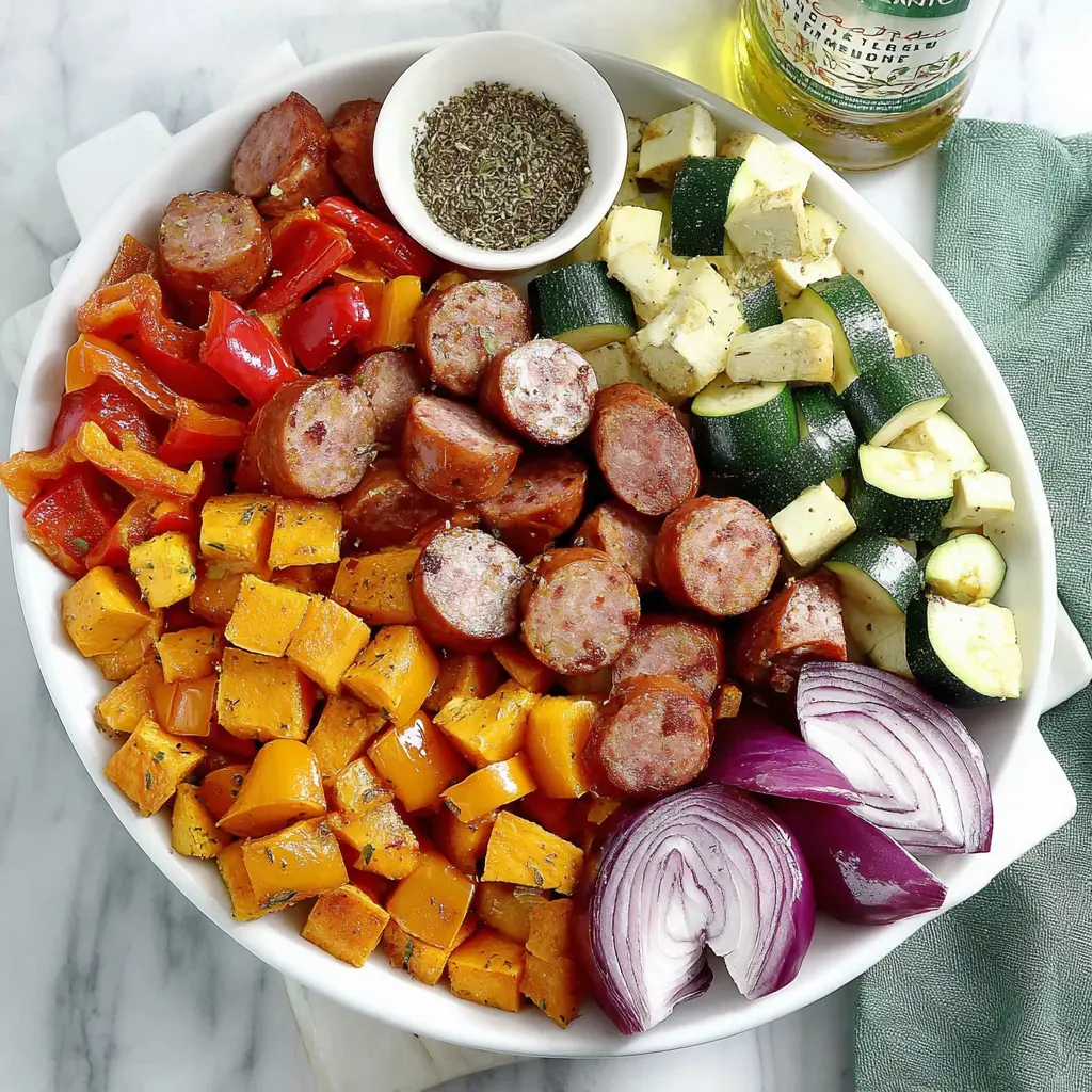 sheet pan sausage peppers zucchini - main ingredients