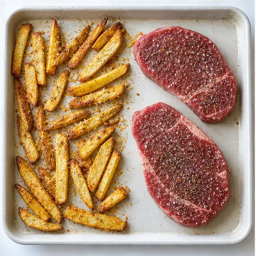 Step 3: Raw steaks added to sheet pan