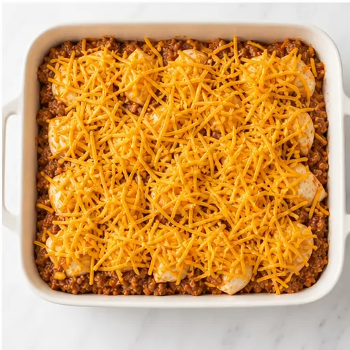 Step 4: Topping casserole with shredded cheese before baking