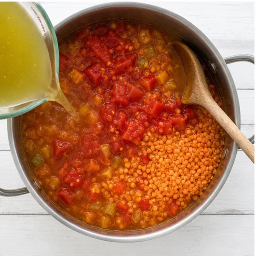 Step 3: Adding lentils, tomatoes, and broth to the pot