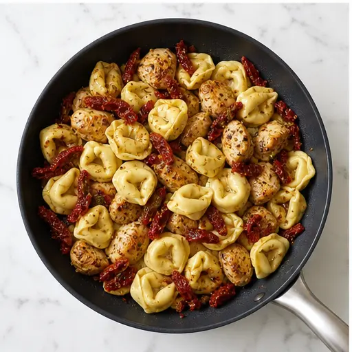 Step 3: Combining cooked tortellini with chicken and sun-dried tomatoes