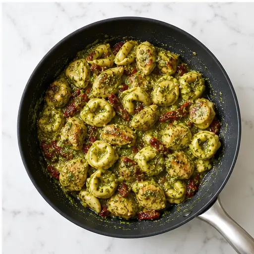 Step 4: Stirring in basil pesto to coat everything evenly