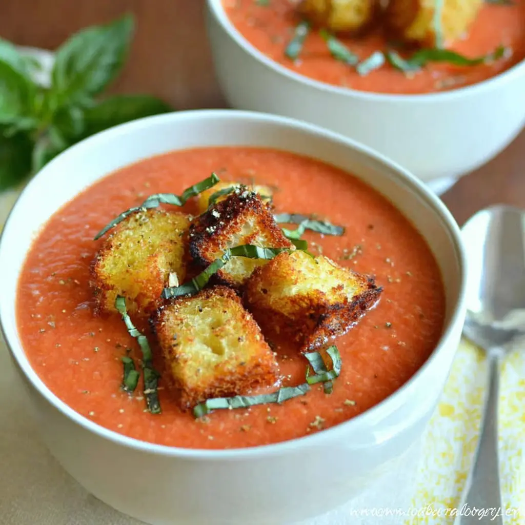tomato soup with garlic and sage croutons - final presentation