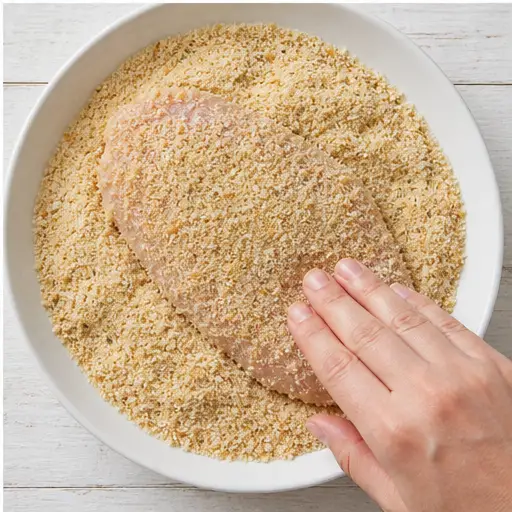 Step 4: Pressing chicken into breadcrumb mixture