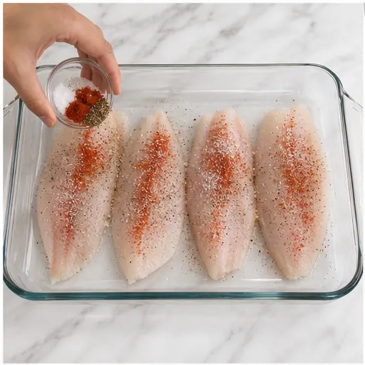 Step 1: Seasoning the tilapia fillets with salt, paprika, and black pepper in a baking dish