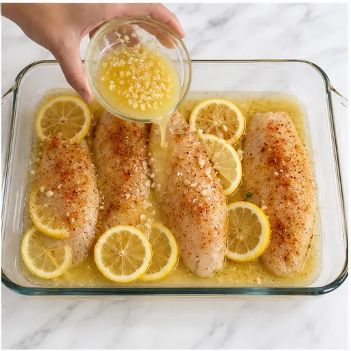 Step 2: Pouring the melted lemon butter garlic sauce over the fish and adding lemon slices