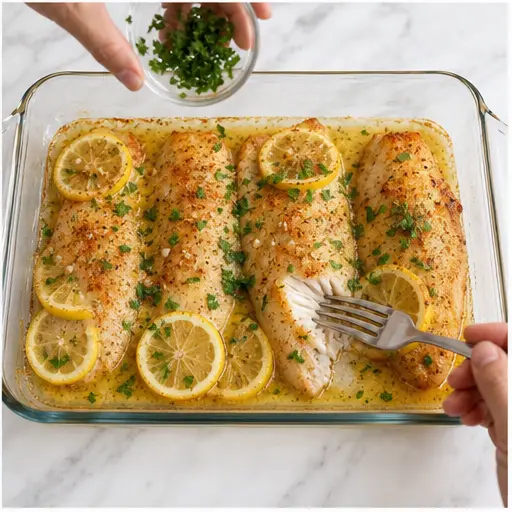 Step 4: Garnishing the finished baked tilapia with fresh parsley before serving