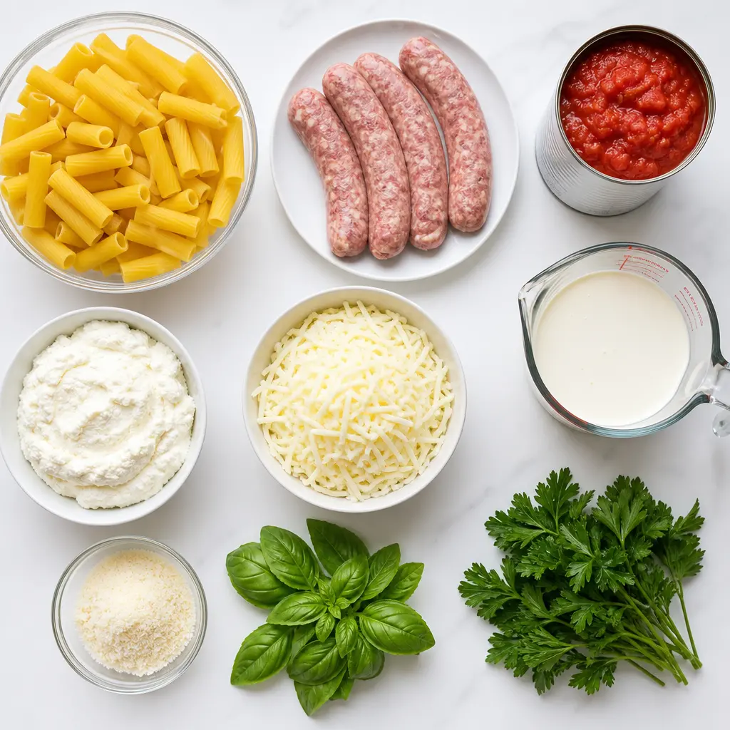 baked ziti - main ingredients