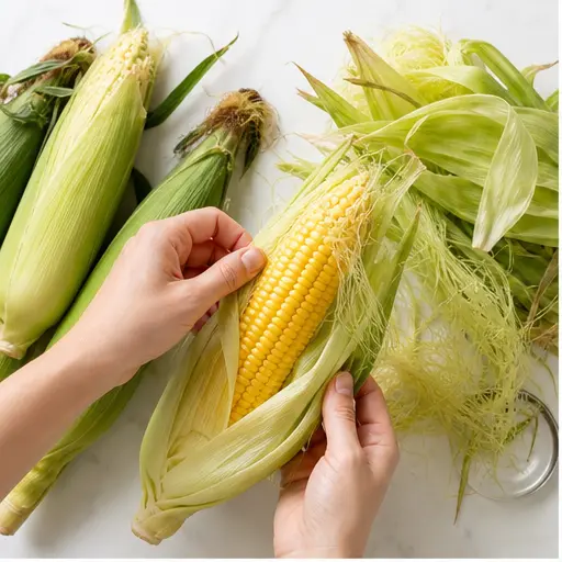 Step 1: Shucking fresh corn ears