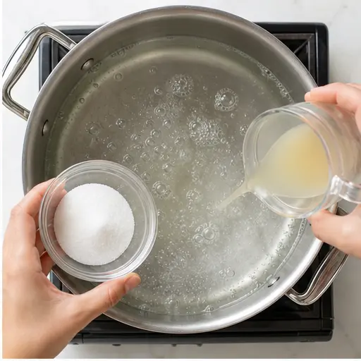 Step 2: Adding sugar and lemon to boiling water
