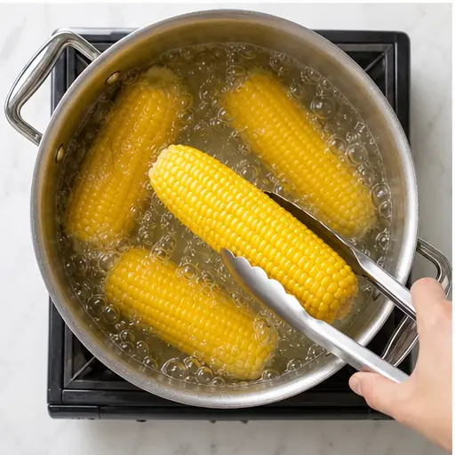 Step 3: Lowering corn into the pot