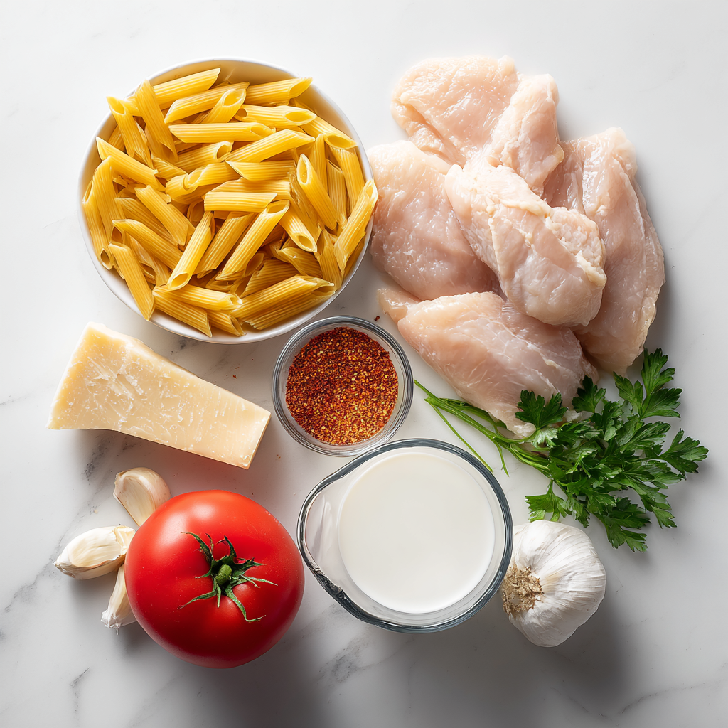 raw ingredients for one pot cajun chicken pasta: penne, chicken, spices, cream, cheese