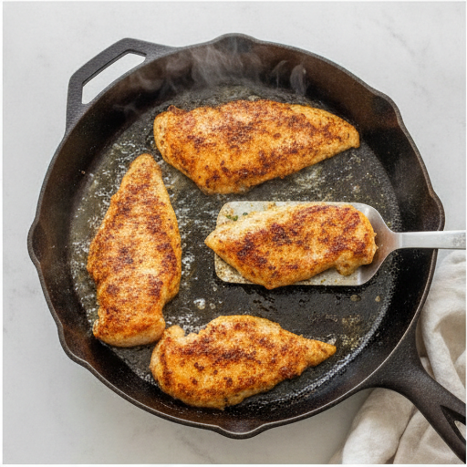 searing seasoned chicken fillets in a hot skillet with olive oil for cajun chicken pasta