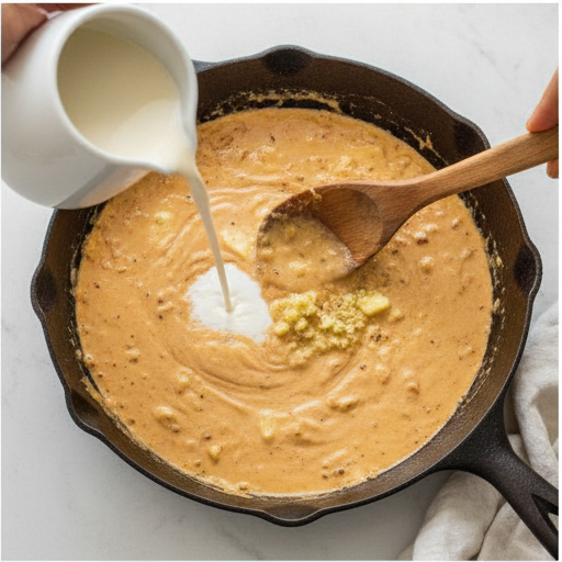 whisking creamy half-and-half sauce with garlic and Parmesan in a skillet