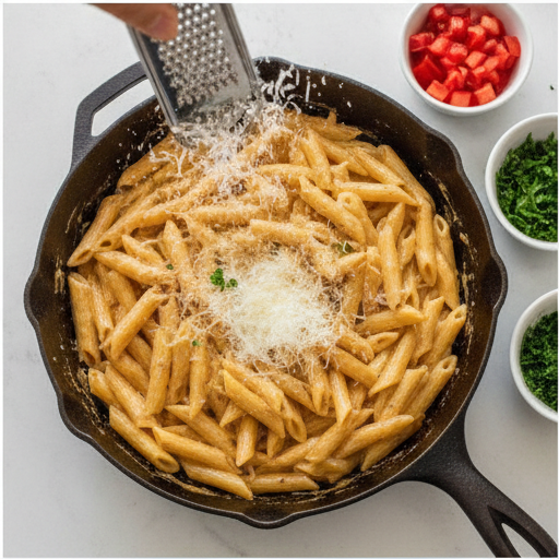 tossing cooked penne pasta in creamy Cajun sauce with chicken and garnishes