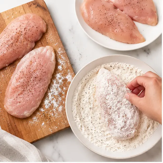 Step 1: Dredging chicken fillets in seasoned flour