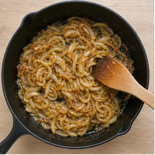 Step 1: Caramelize sliced yellow onions in butter and olive oil until golden brown.