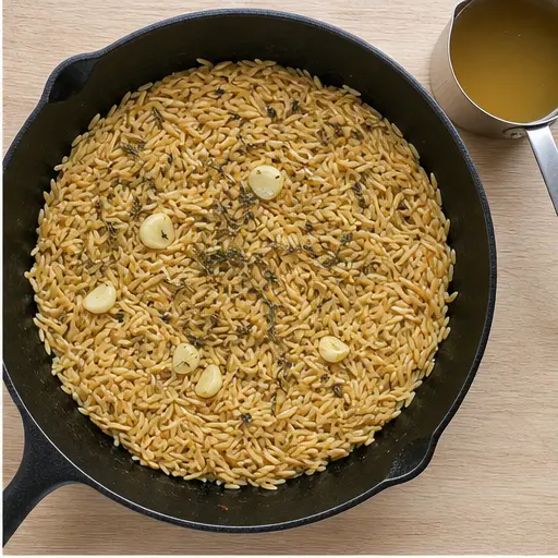 Step 2: Toast orzo pasta in the skillet with garlic and dried thyme.
