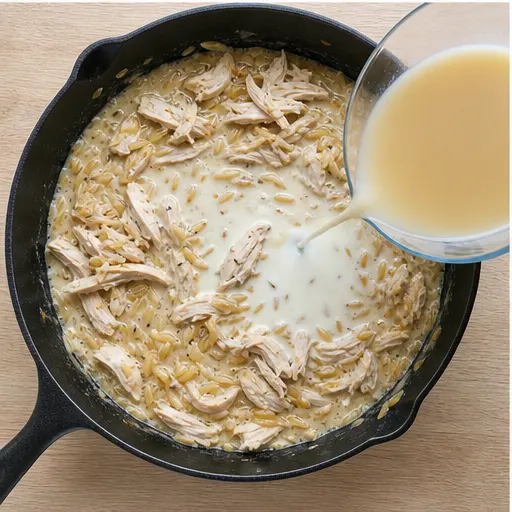 Step 3: Pour in chicken broth and heavy cream, then simmer until orzo is tender.